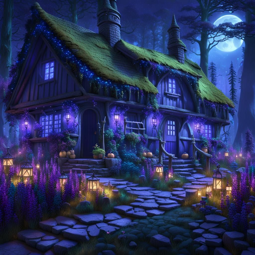 Ethereal Witch Cottage in Forest at Night