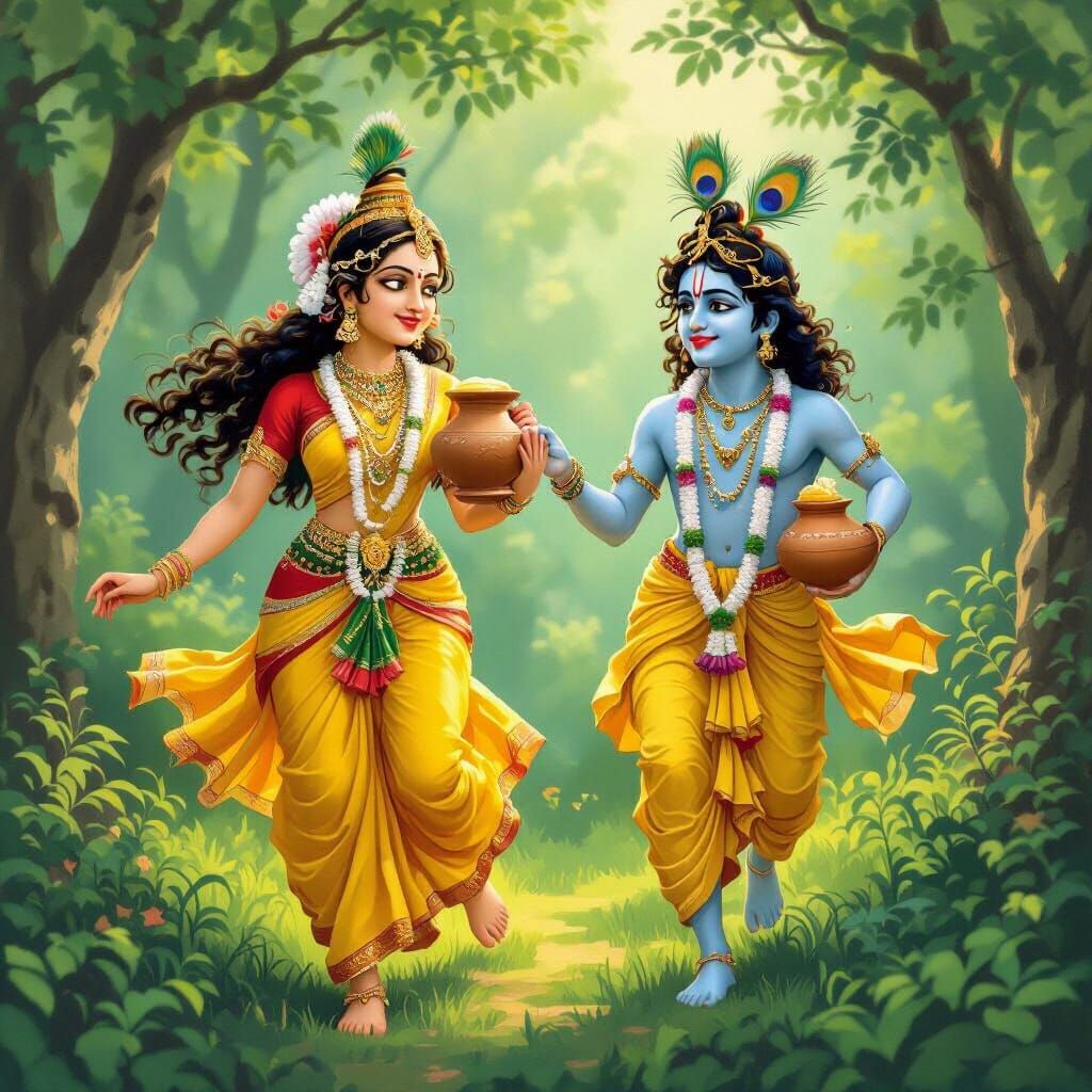 Radha and Krishna's Joyful Forest Chase