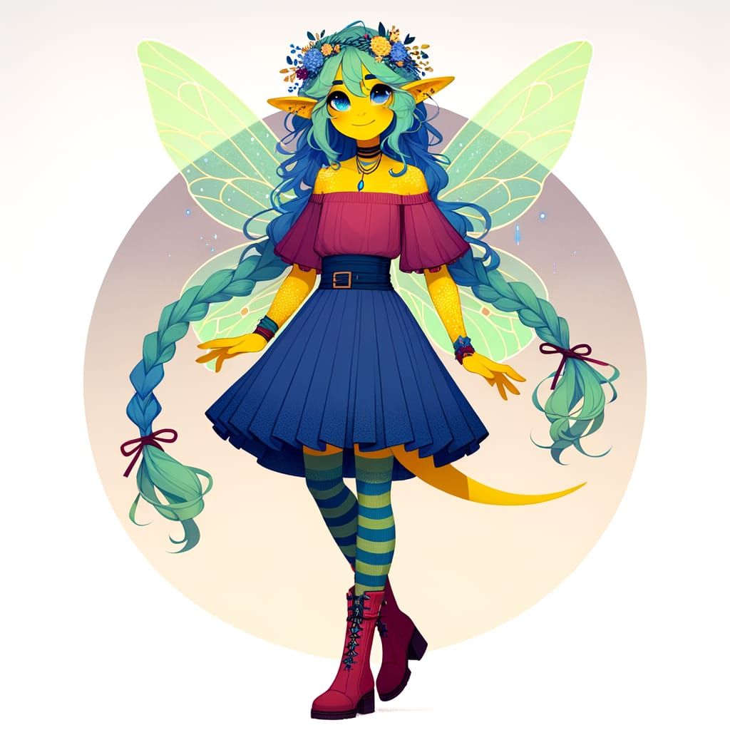 Cartoonish Semi-Realism: Yellow Skinned Girl with Blue Braid...