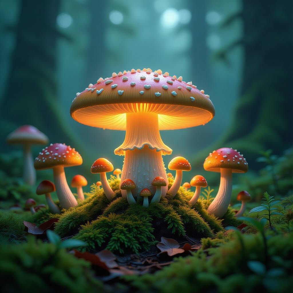 Bioluminescent Mushroom Forest Fantasy Illustration