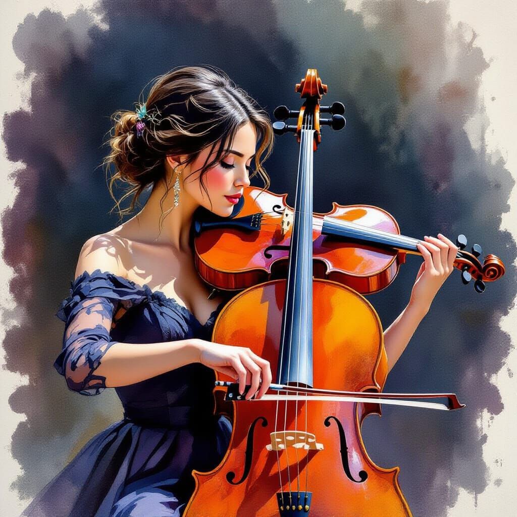Passionate Cellist in Vivid Watercolor Style
