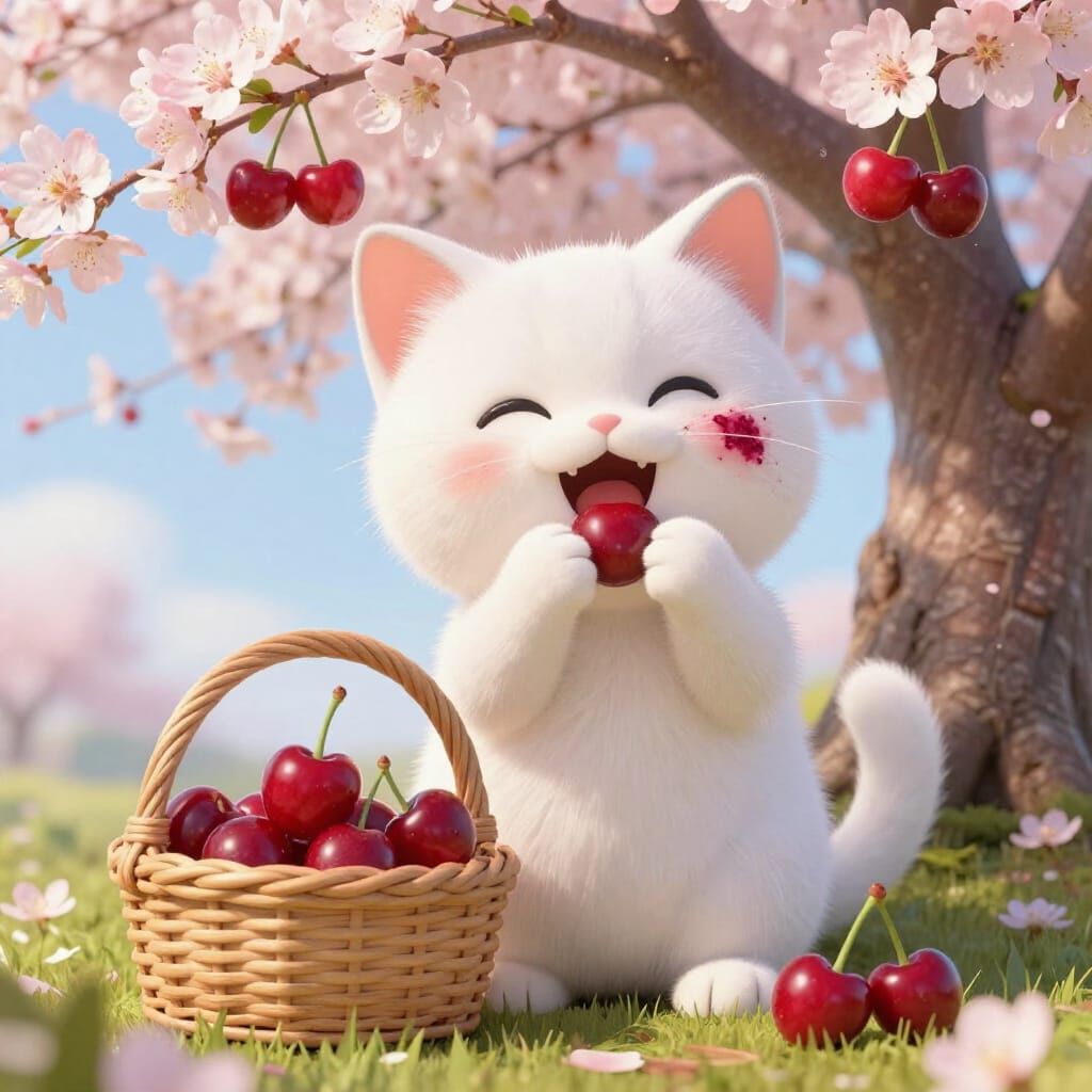 Happy Kitten Enjoys Cherries Under Blossoming Tree