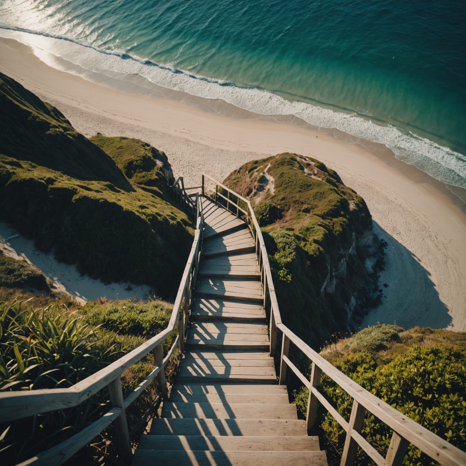 Dramatic Staircase to Beach, Cinematic Film Still