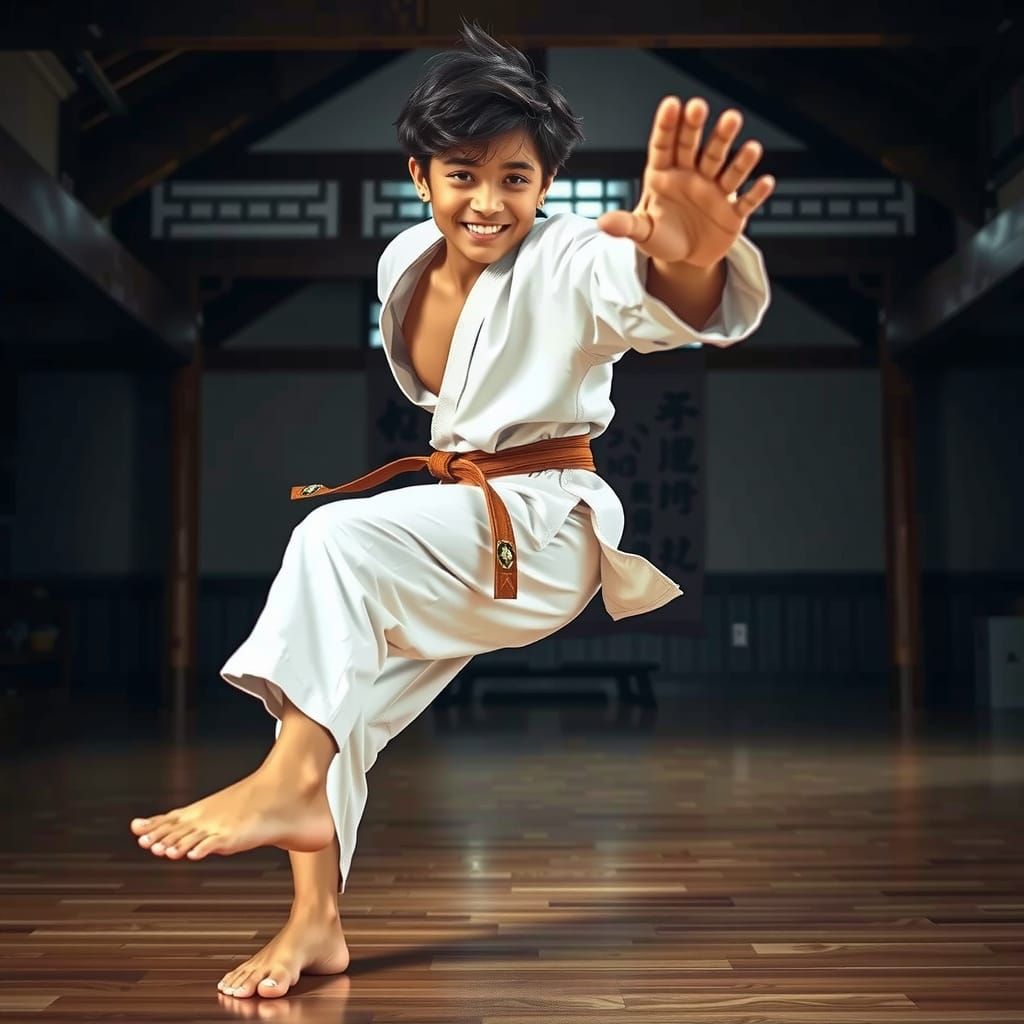 Karateka in Traditional Japanese Dojo