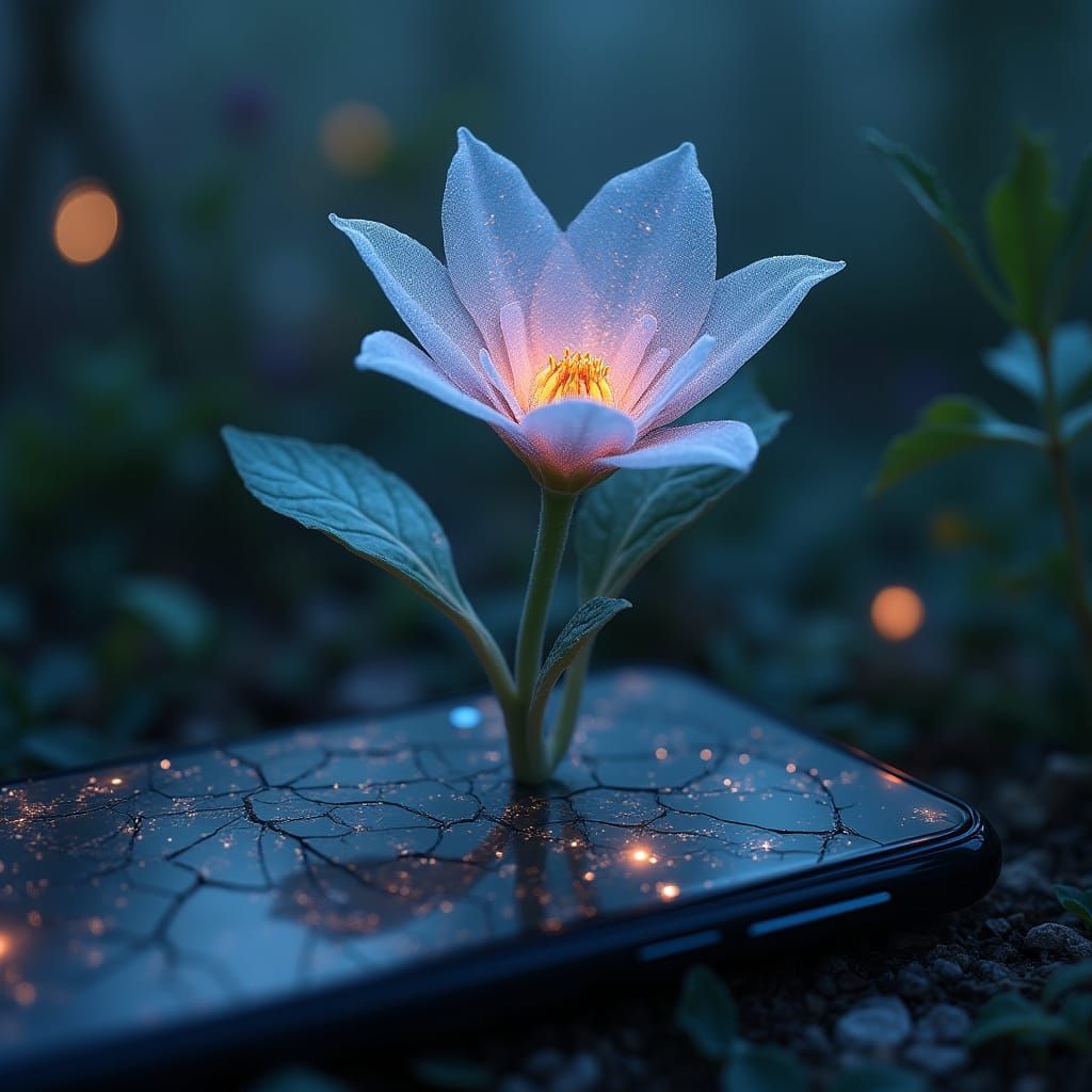 Holographic Pixel Flower Blooms from Cracked Smartphone