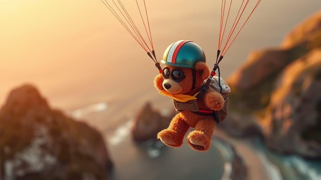 Teddy Bear Soars with Paraglider at Sunset
