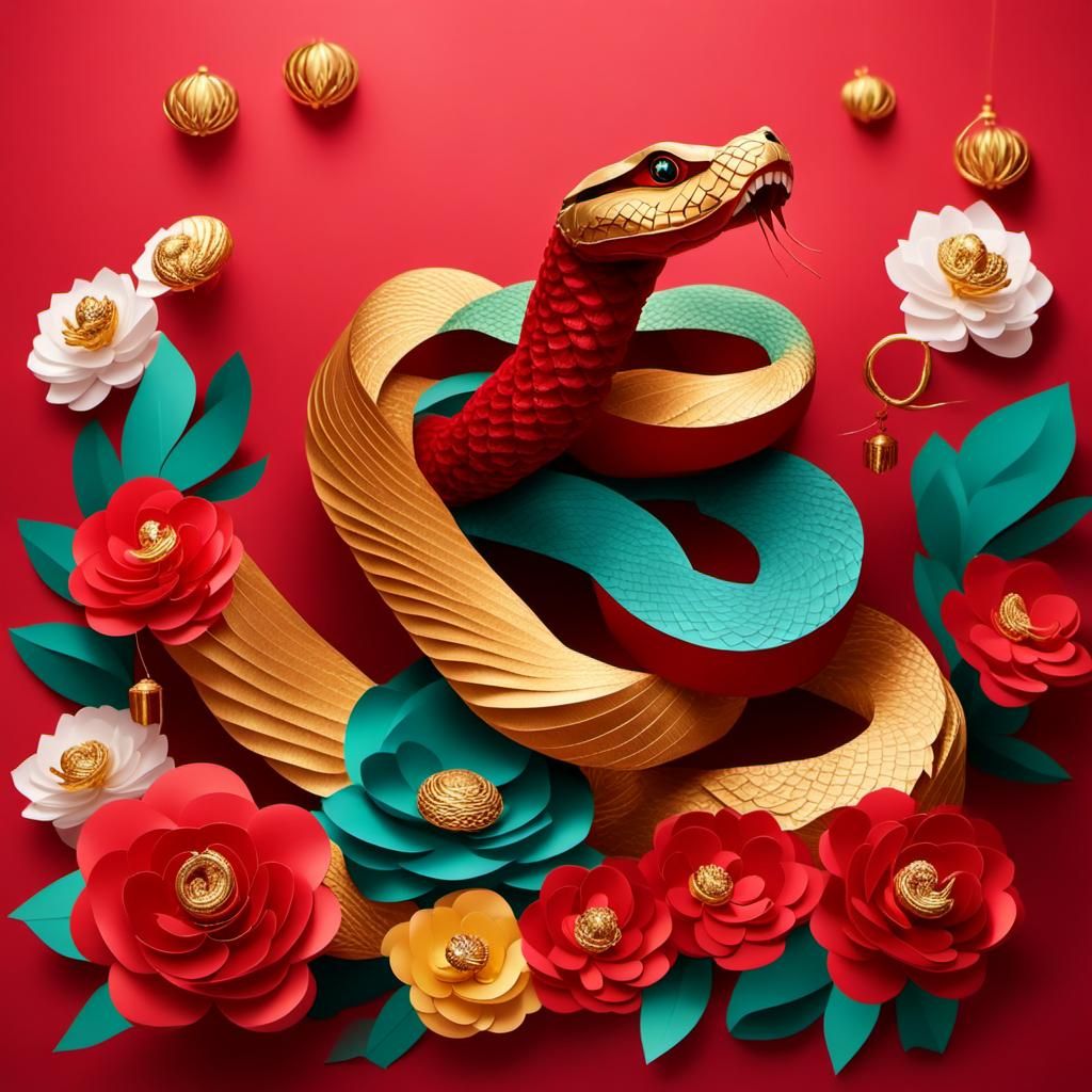 Snake on Peonies in Chinese New Year Papercraft