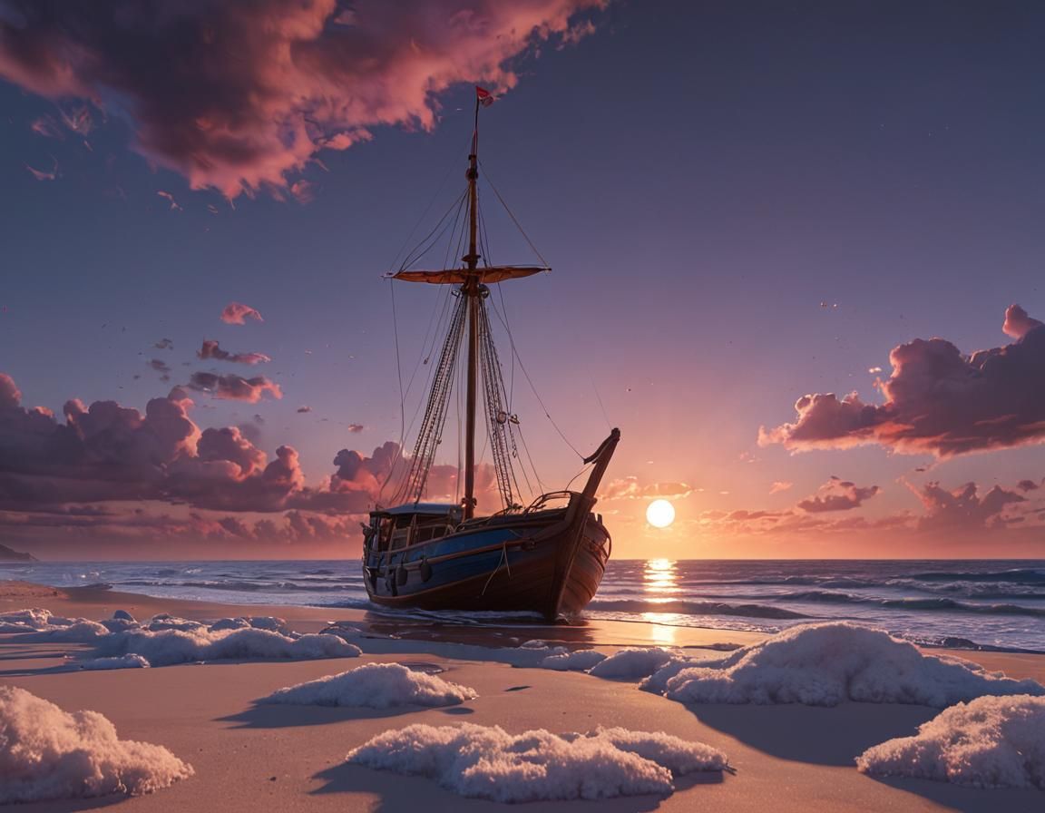 Beach Scene with Boat, Dark Fantasy Concept Art