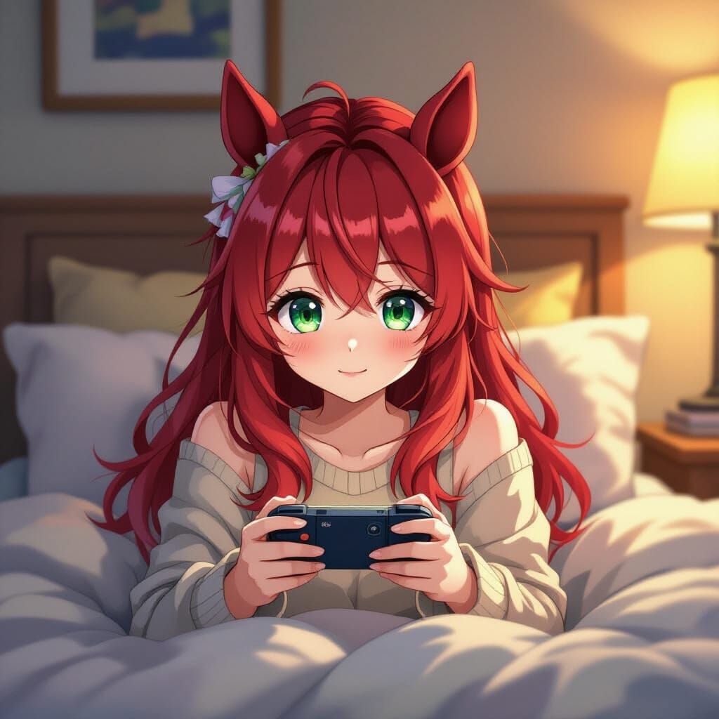 Anime Girl with Horse Ears Playing Video Game