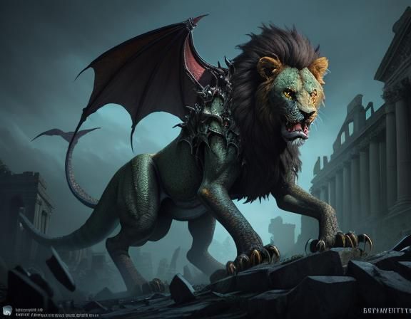 Dragon Spider Hybrid Attacks Lion in Dark Fantasy