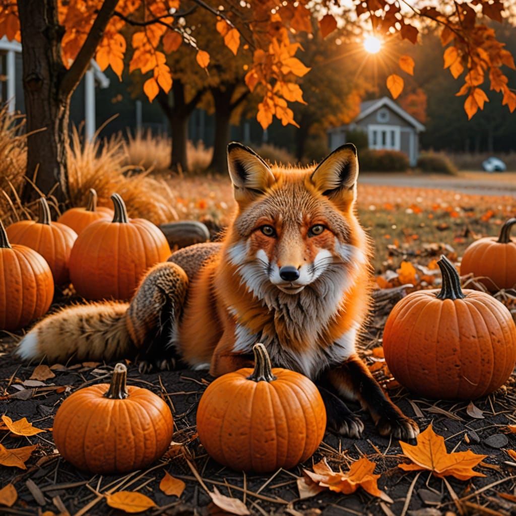 Relaxed Fox with Pumpkin in Autumn Sunset