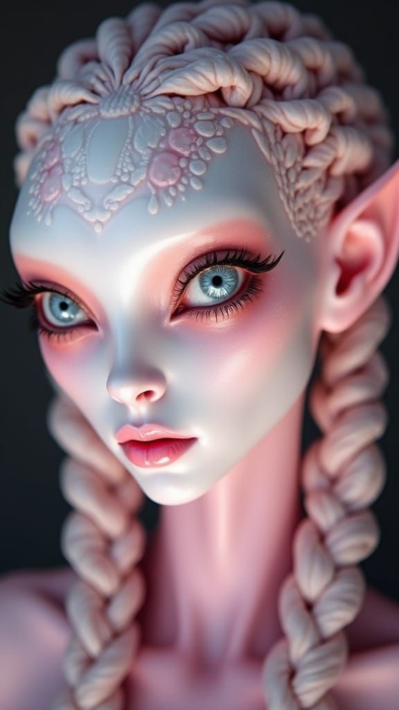 Alien Woman with Snail Braids and Opalescent Skin