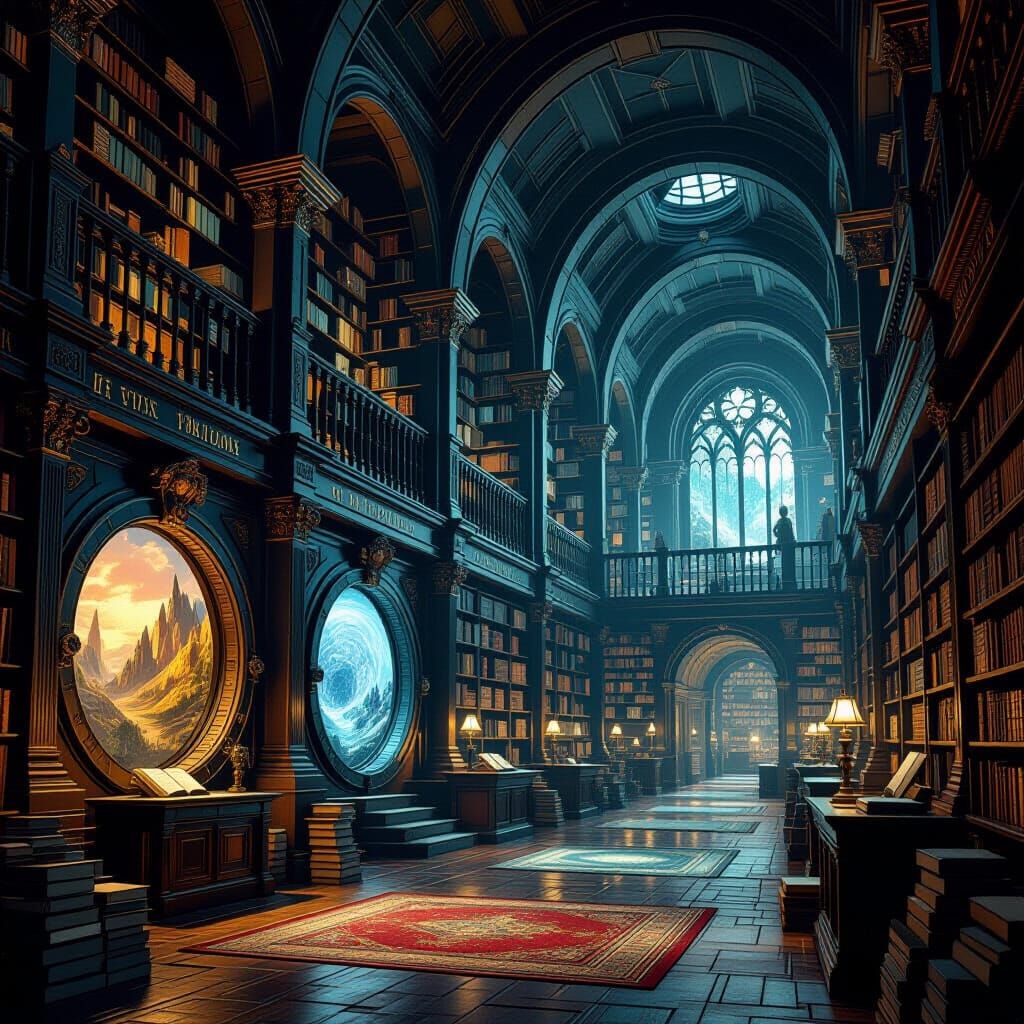 Ancient Library of Dimensional Portals in Realistic Style