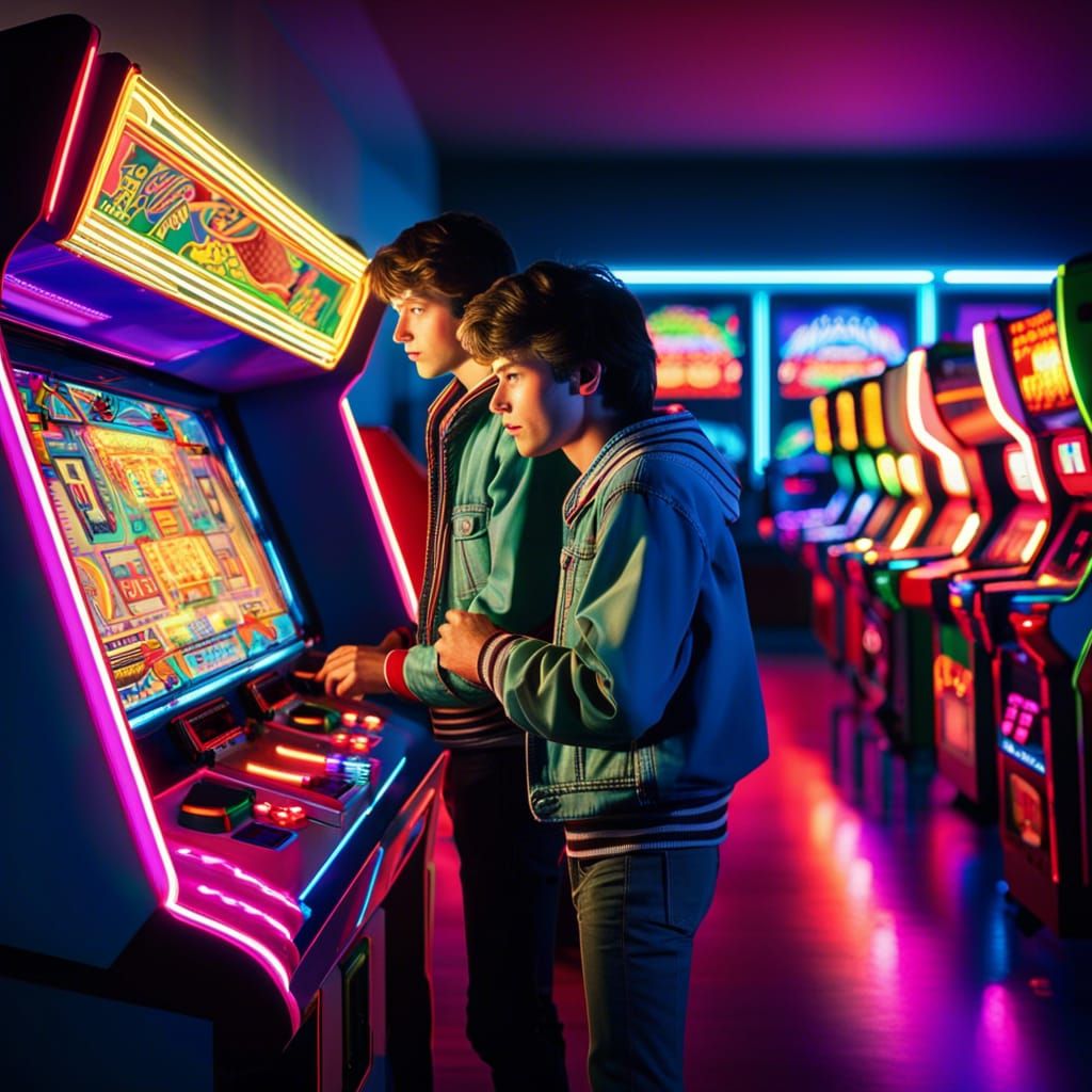 Teenage Boys in a Neon-Lit 1980s Arcade