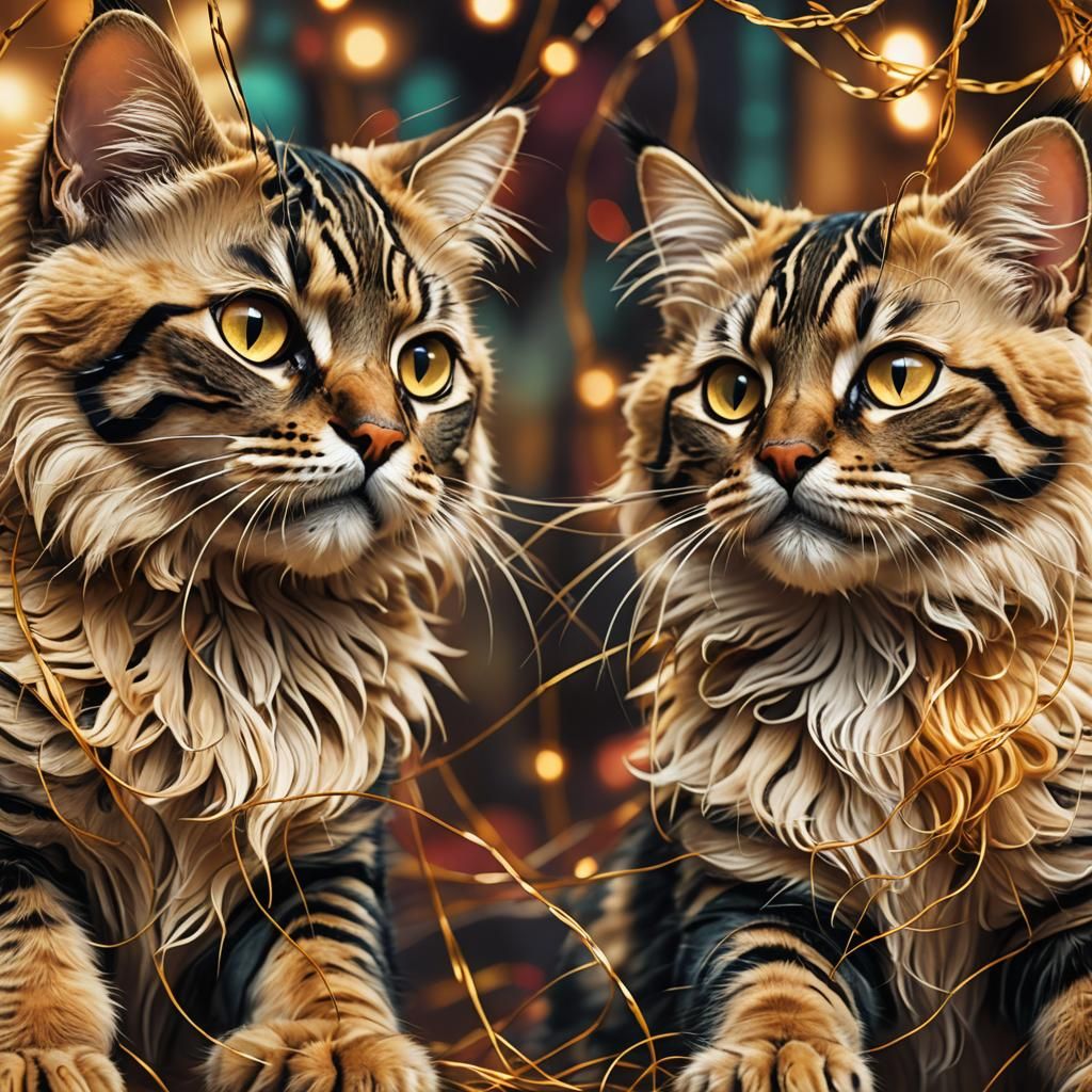 Fluffy Bengal Cats Play with Threads in Digital Art