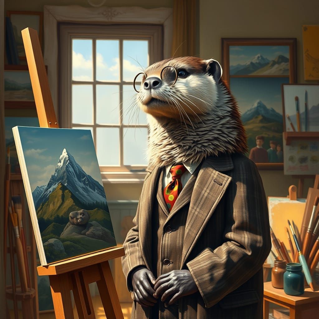 Otter Artist Painting Mountains in Oil Painting Style