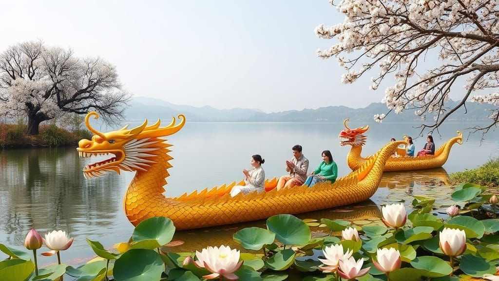 Traditional Vietnamese Boats in Golden Dragon Style