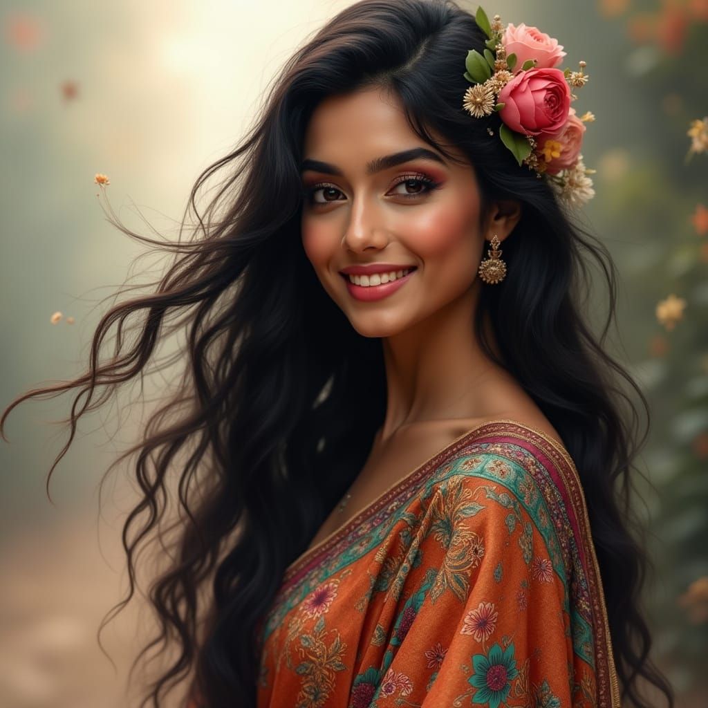 Woman in Kaleidoscopic Saree: Hyperrealistic Ethereal Beauty