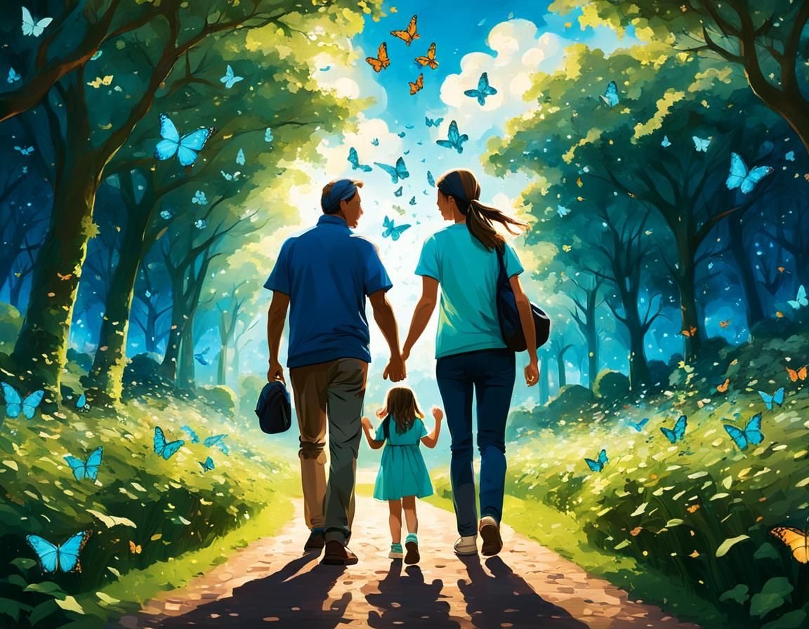 Father and Daughters in Butterfly Filled Park