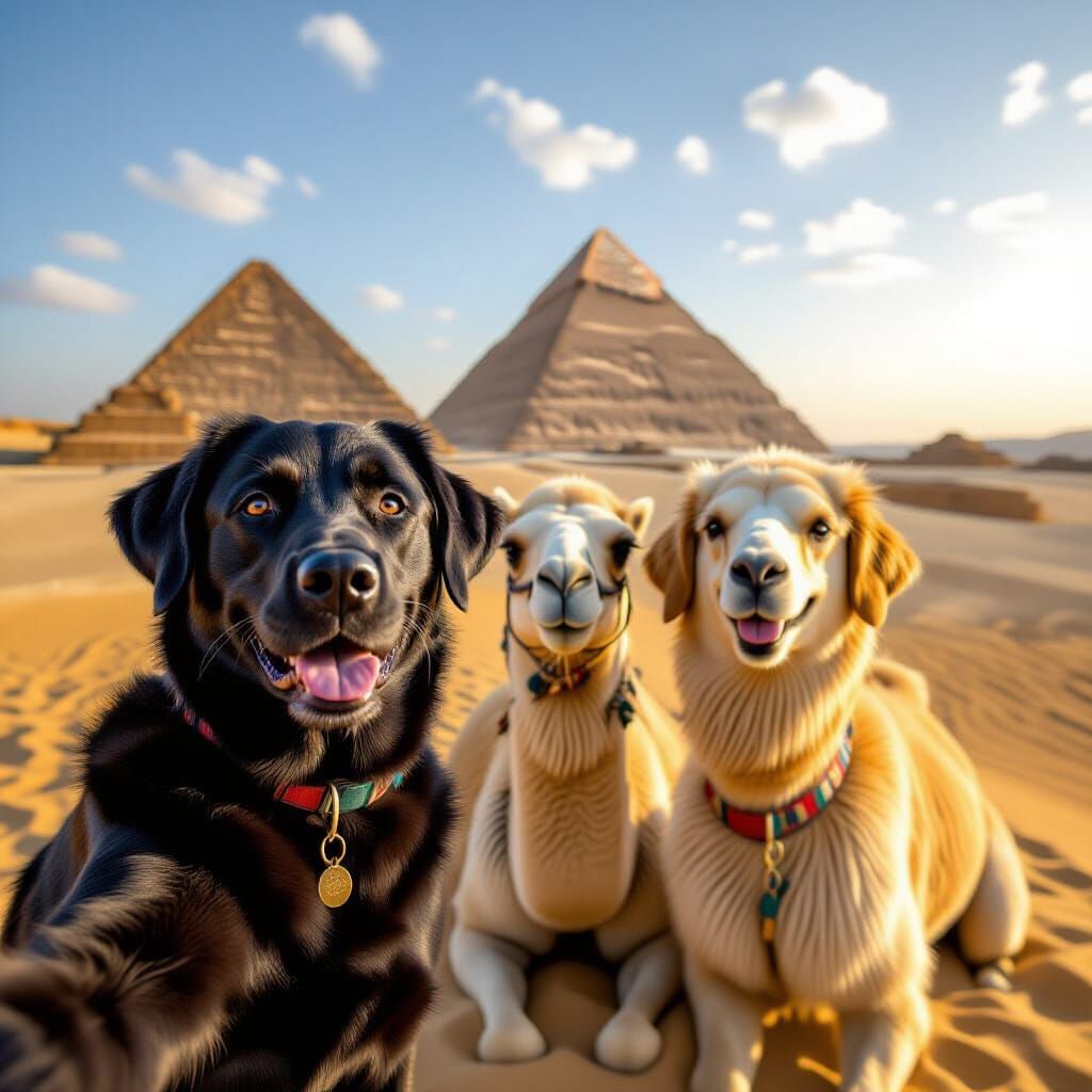 Labradors, Golden Retriever, and Camels at Pyramids