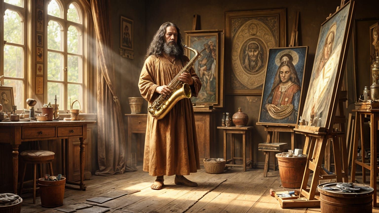 Leonardo da Vinci Plays Saxophone in Studio