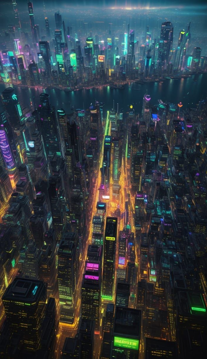 Cyberpunk Metropolis at Night: Neon and Skyscrapers