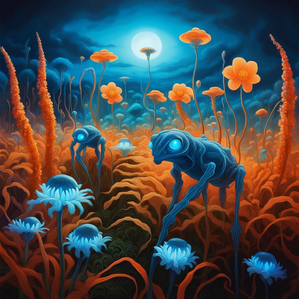 Surreal Dreamscape of Luminous Creatures in a Futuristic Par...