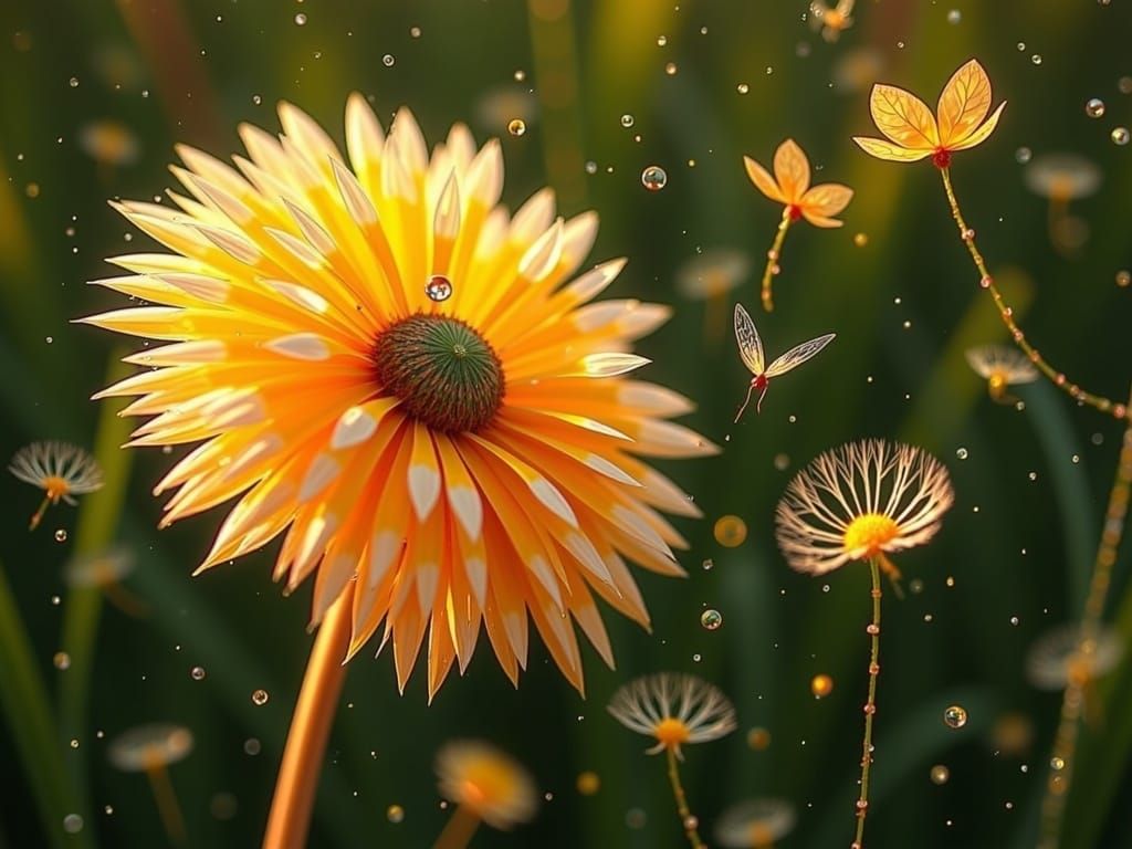 Whimsical Orange Dandelion Dance in a Sunlit Meadow