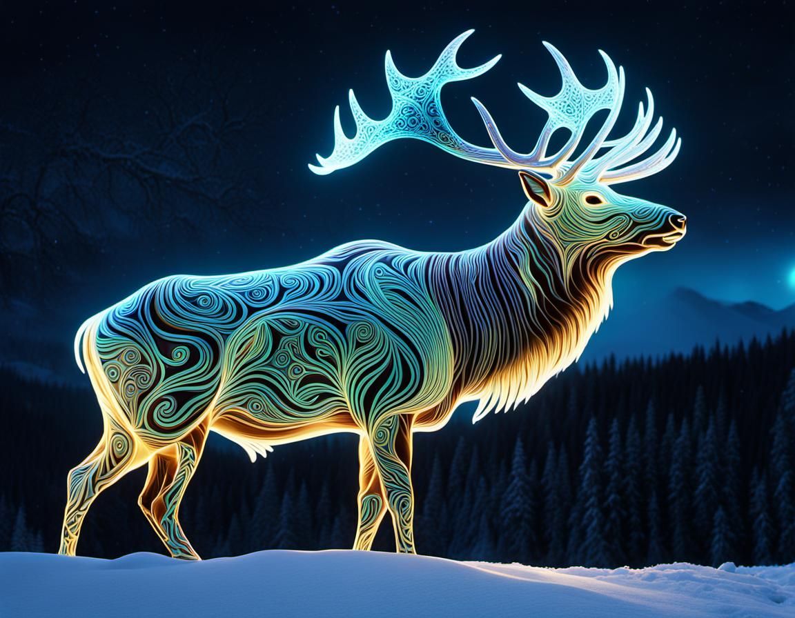 Ethereal Prismatic Elk in Aurora Snowscape