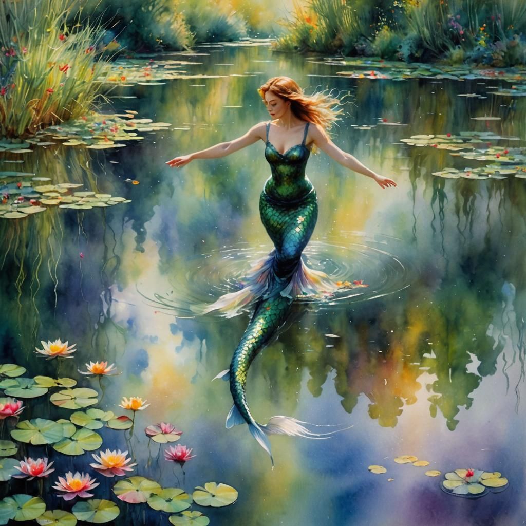 Ethereal Mermaid Dives into a Vibrant Pond Landscape