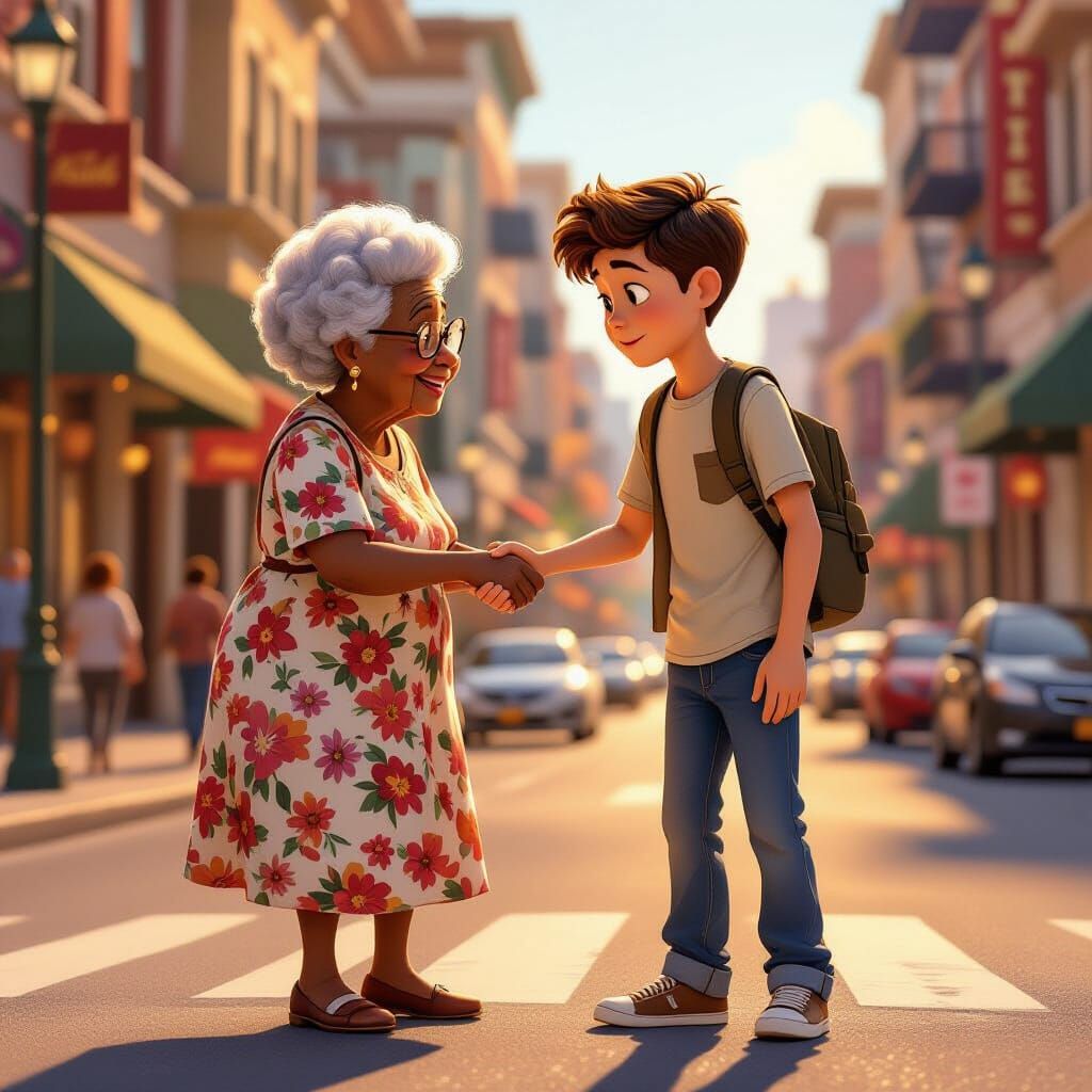 Grandmother Helped Across Street by Kind Teen in Pixar Style