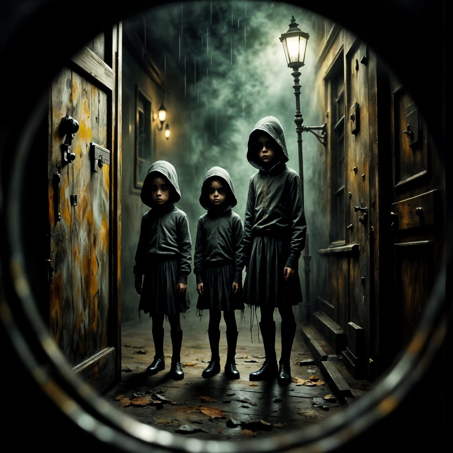 Creepy Children with Black Eyes Seen Through Peephole