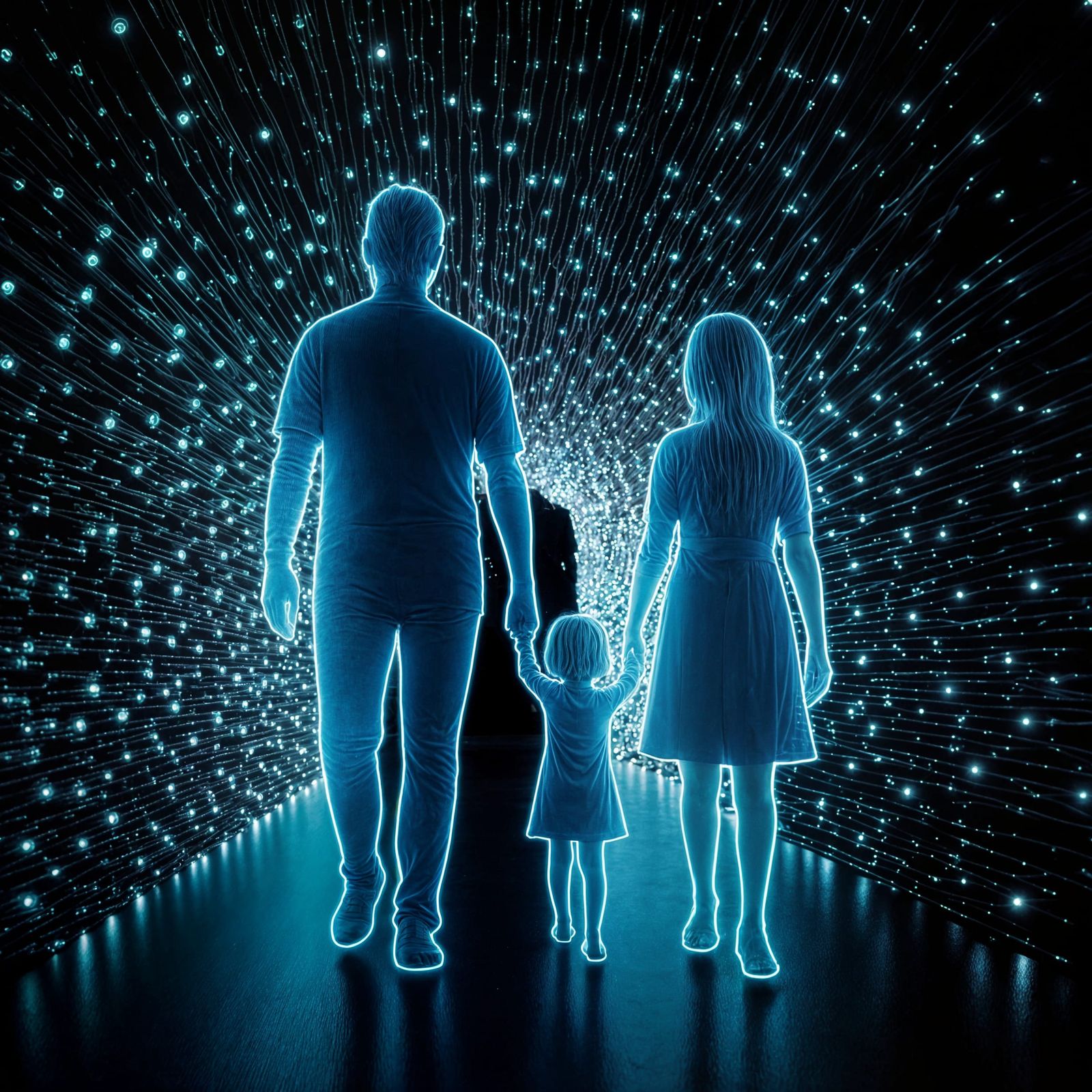 Neon Hologram Family in LED Tunnel