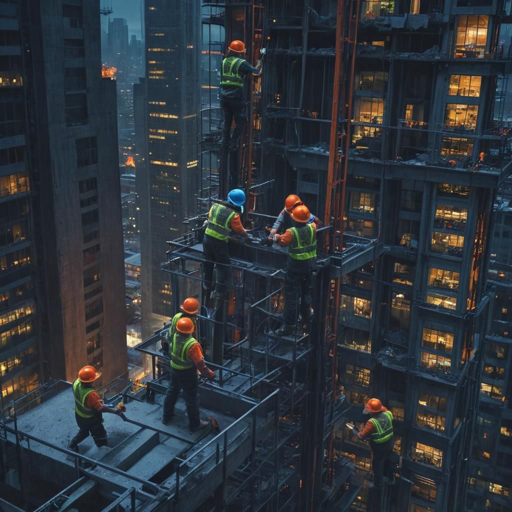 Construction Crew Building High-Rise in Fantasy Concept Art