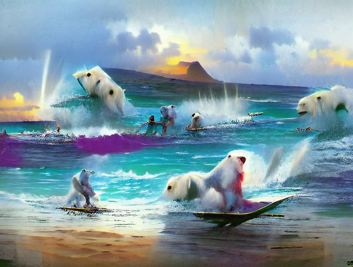 Polar Bears Surfing in Hawaii: Vaporwave Concept Art