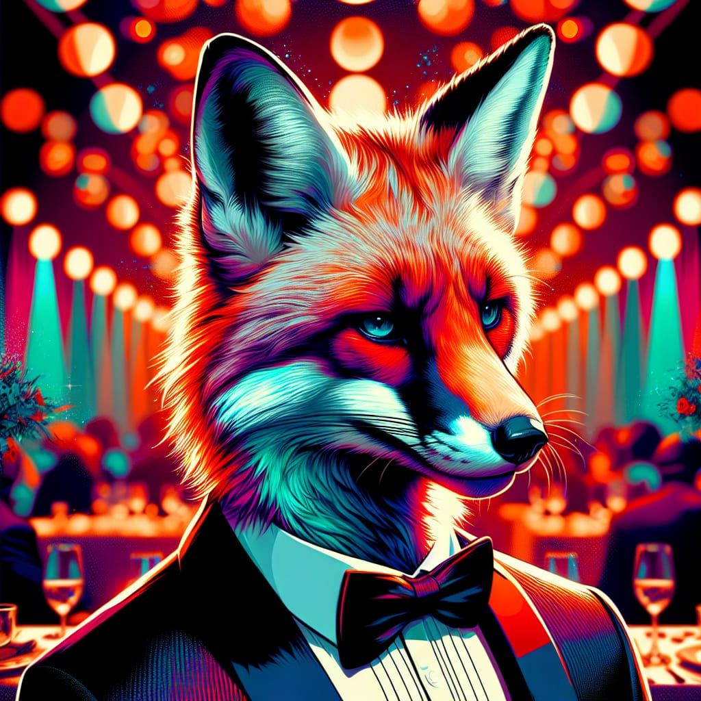 Trendy Fox in Tuxedo at Dinner Party
