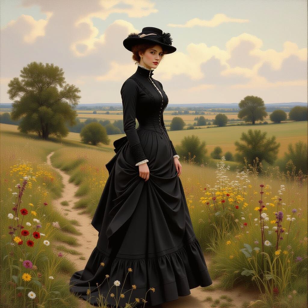Victorian Woman in 1860 Landscape, Romantic Realism Style