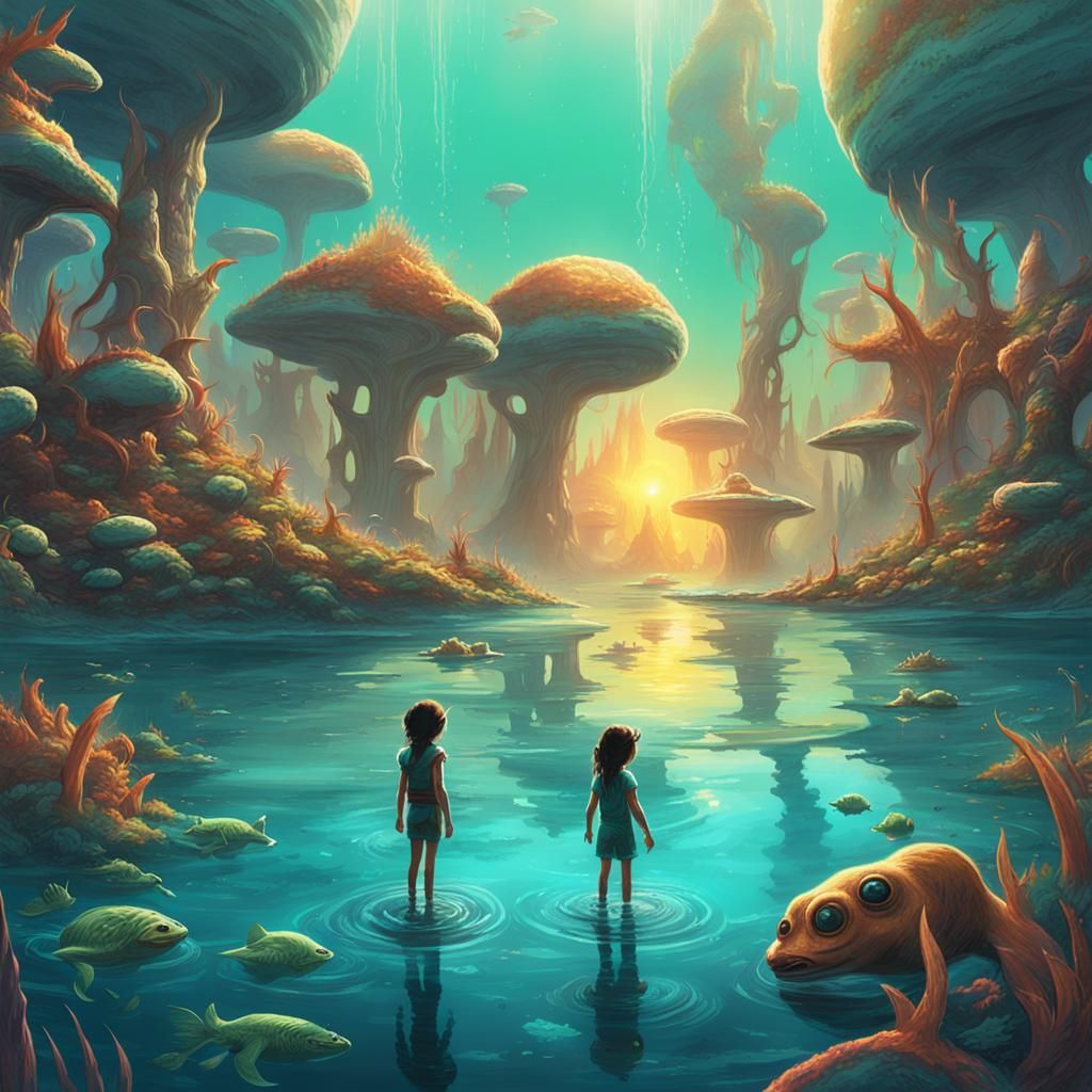 Alien Girl Watches Mutant Creatures in Tropical Waters