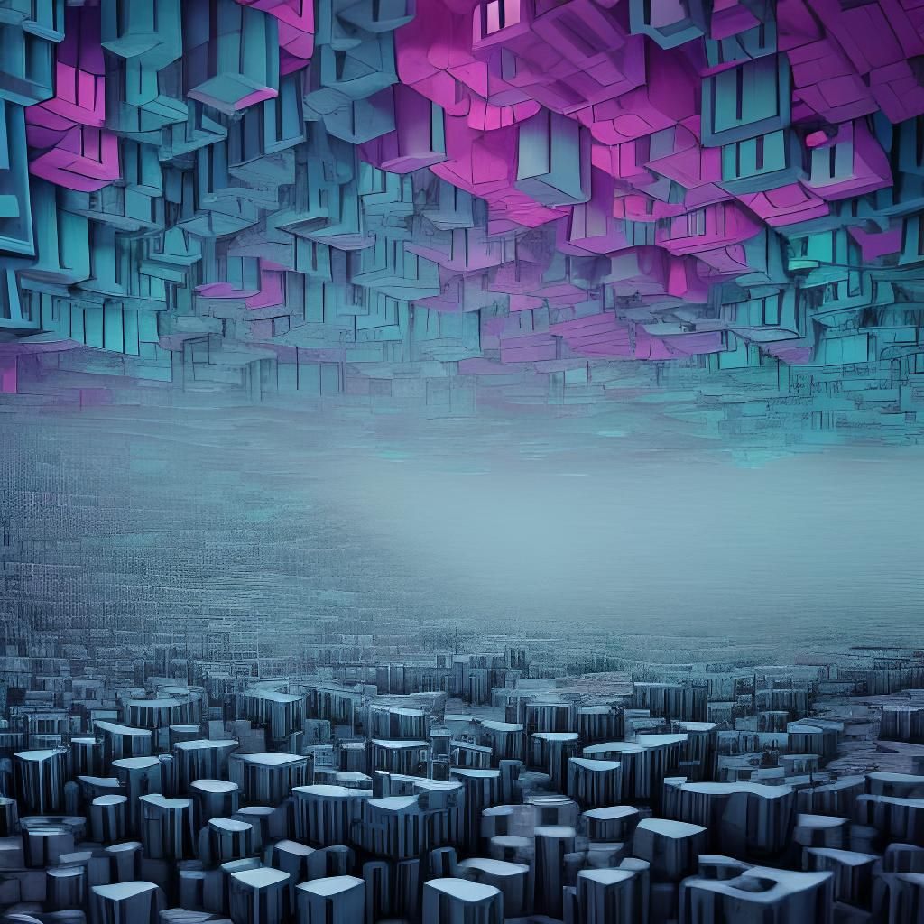 Gloomy Sci-Fi Rain of Cubes: Digital Matte Art