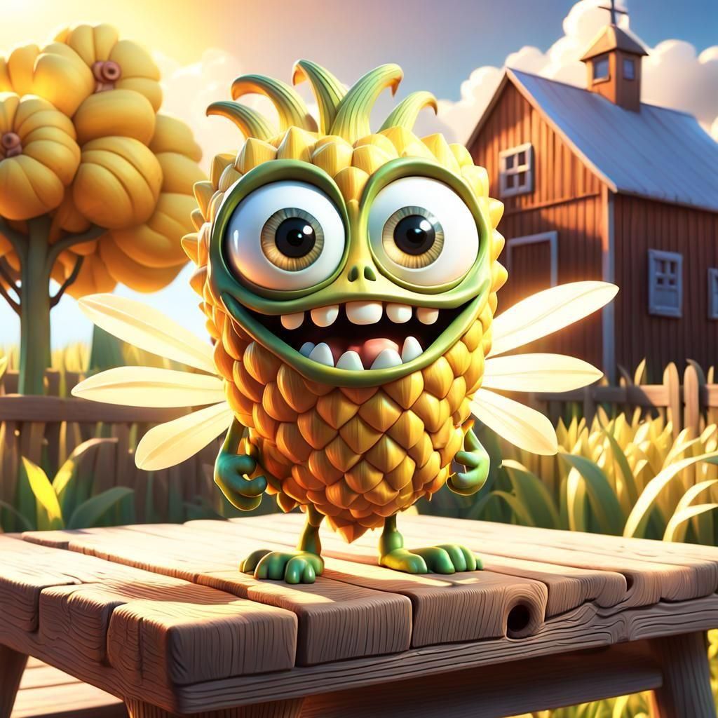 Menacing Corncob Creature in Pixar-Style 3D Art