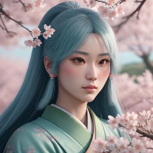 Anime Warrior in Cherry Blossom Garden: Ukiyo-e Style