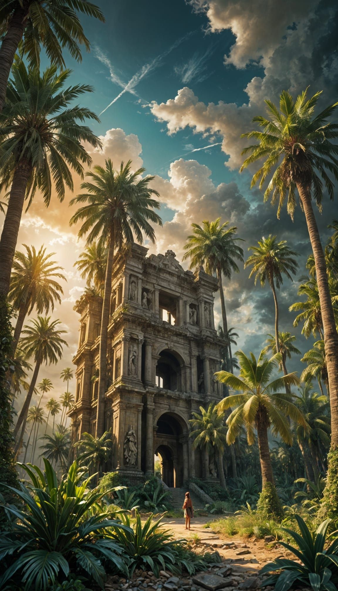 Fantasy Landscape with Giant Palms and Ancient Ruins
