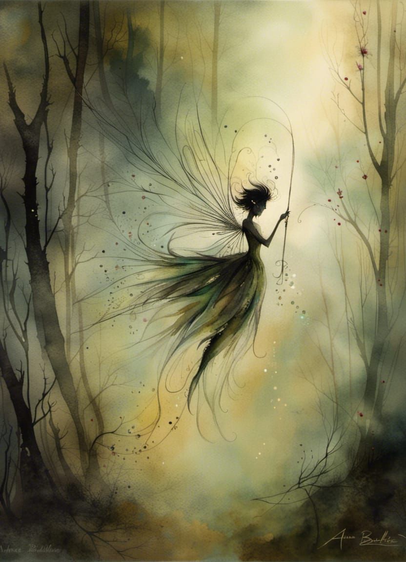 Watercolor Forest Scene with Glittering Fairy