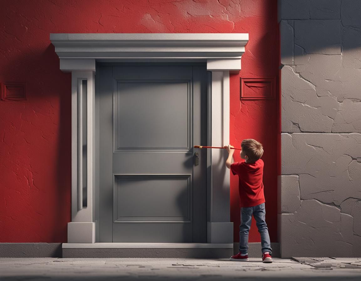 Boy Draws Door with Magic Pencil: Hyperrealistic 3D Render
