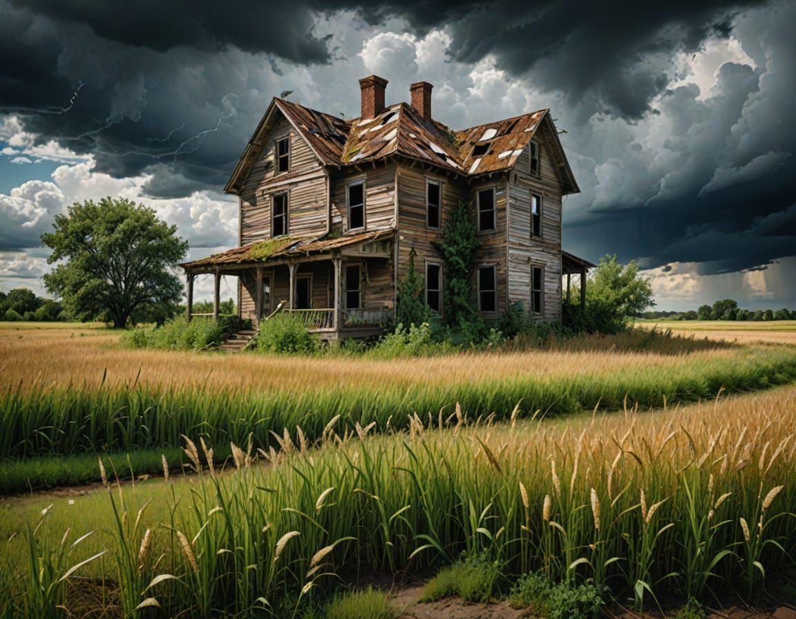 Abandoned House in Field: Alcohol Ink Rural Landscape