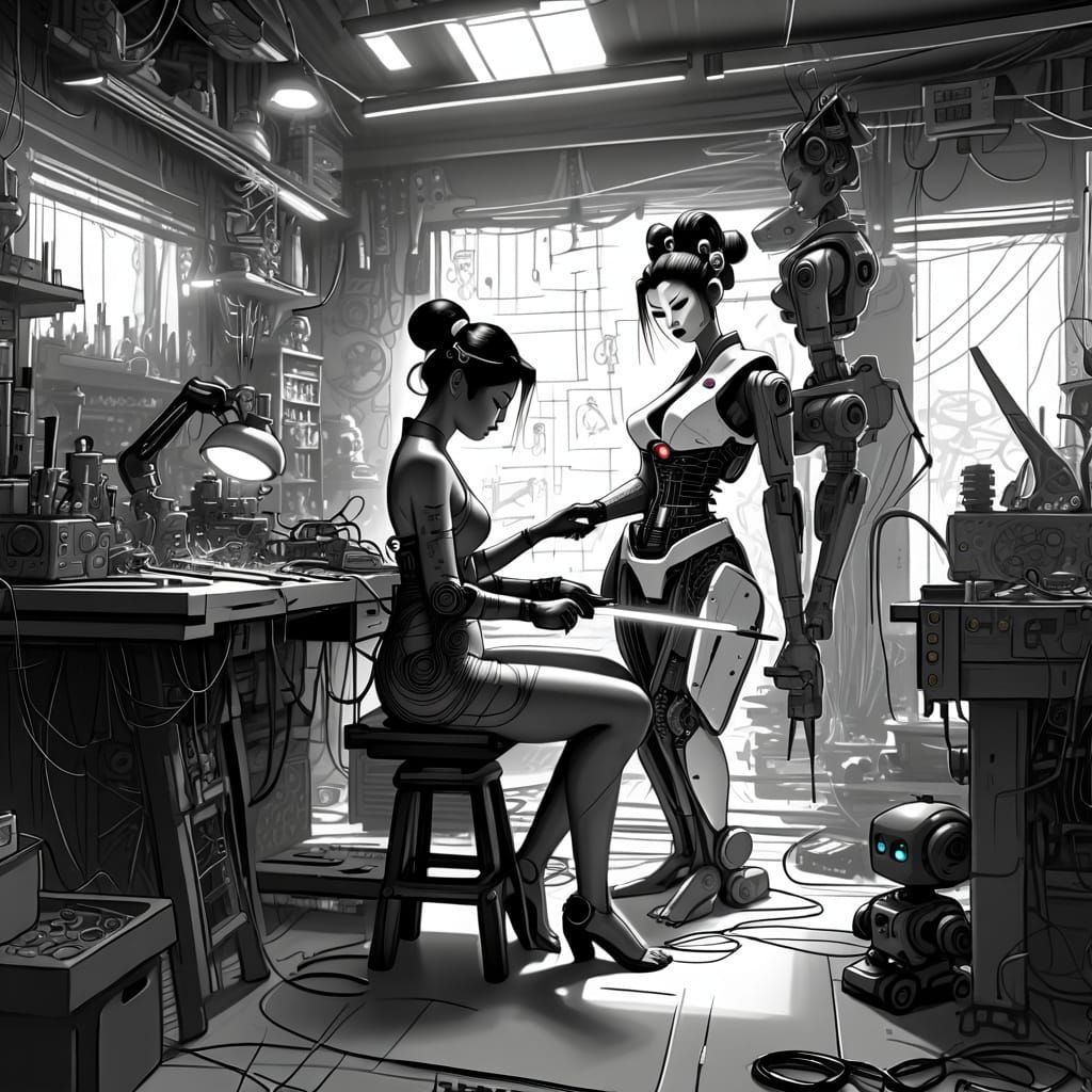 Cyberpunk Geisha's Workshop: A Detailed Pencil Sketch