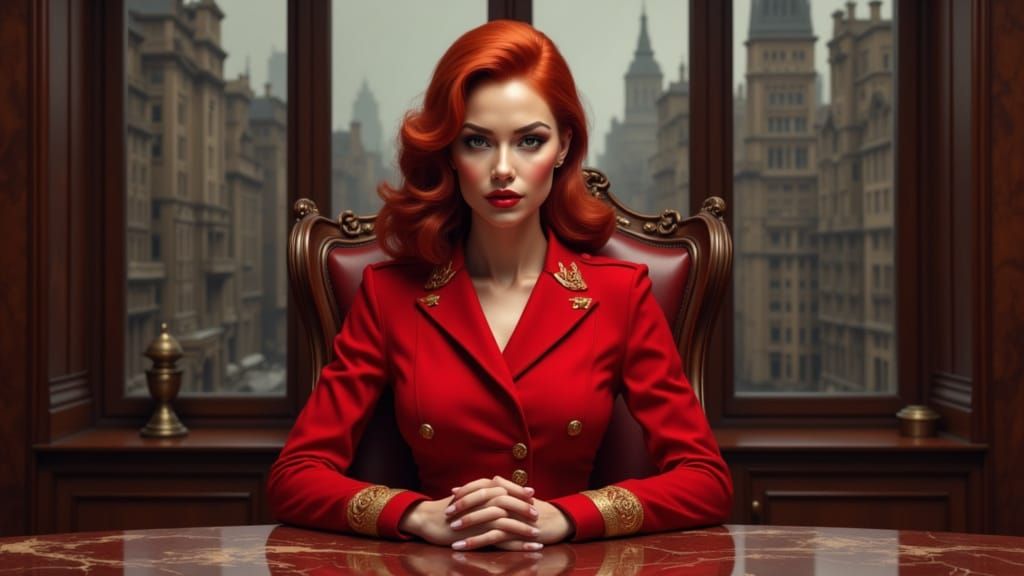 Redhead Latina Commander in Soviet Uniform in Ornate Office