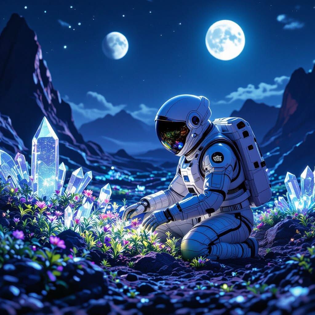 Astronaut's Bioluminescent Garden on Alien Planet