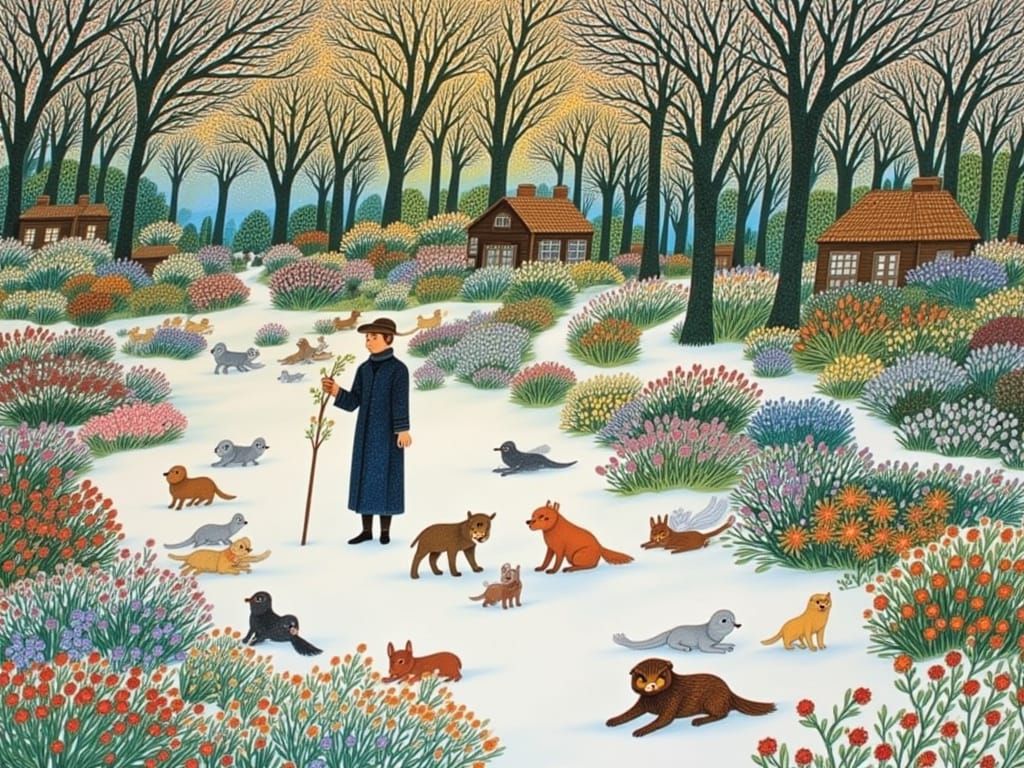 Whimsical Winter Garden Scene in Dreamlike Fairytale Style