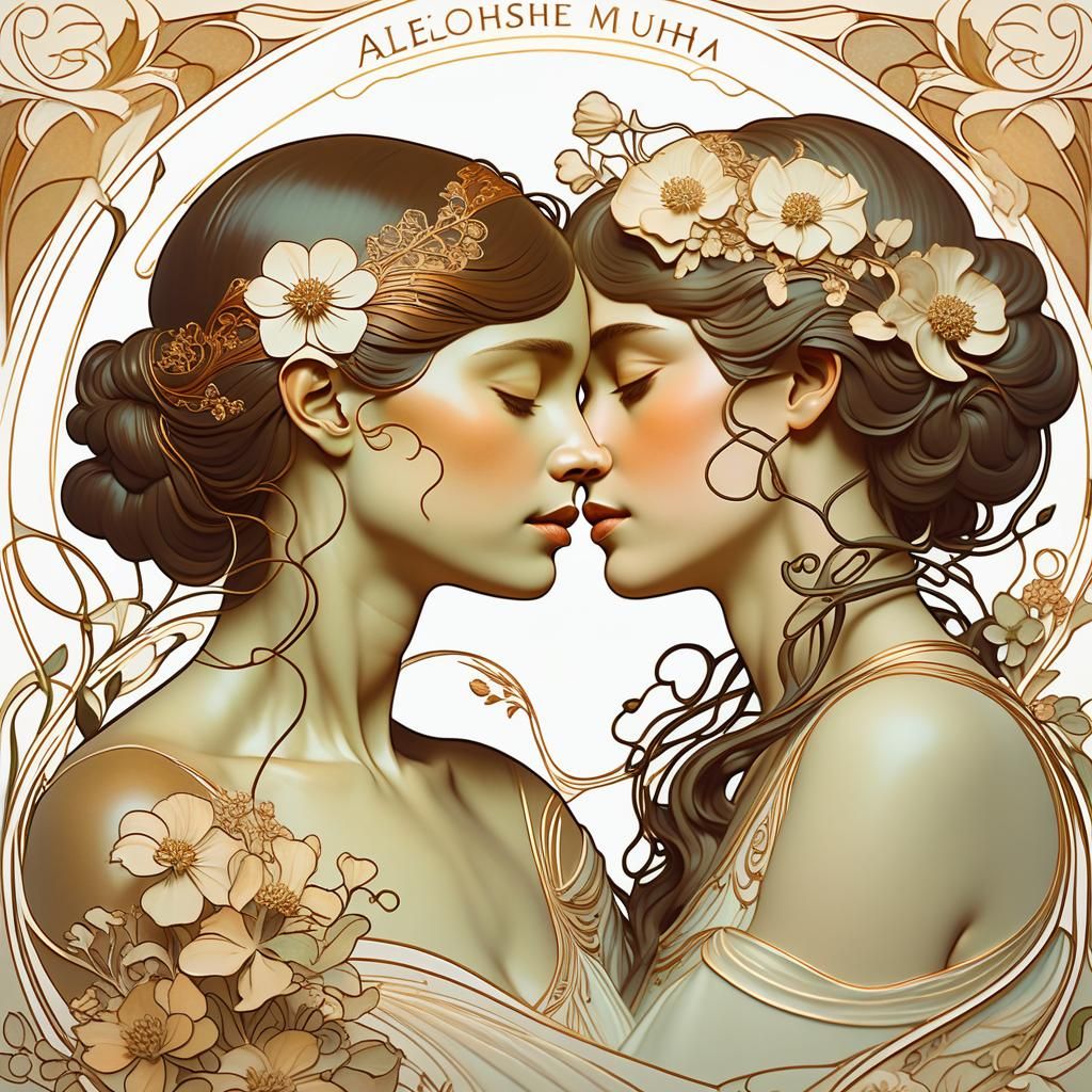 Two Women Embracing in Art Nouveau Style